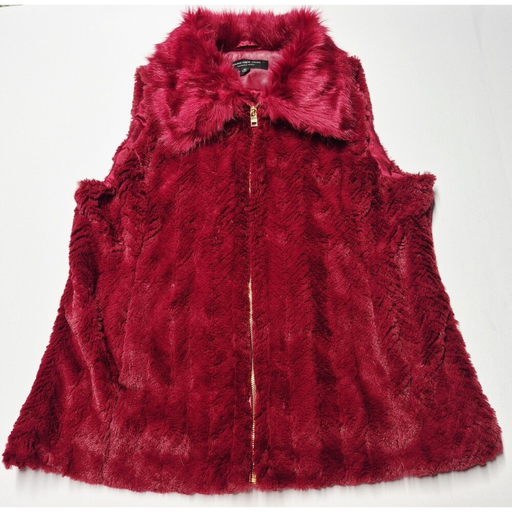 Marc New York Andrew Marc Faux Fur Vest Womens XL Ruby Red Full Zip NWOT Glam